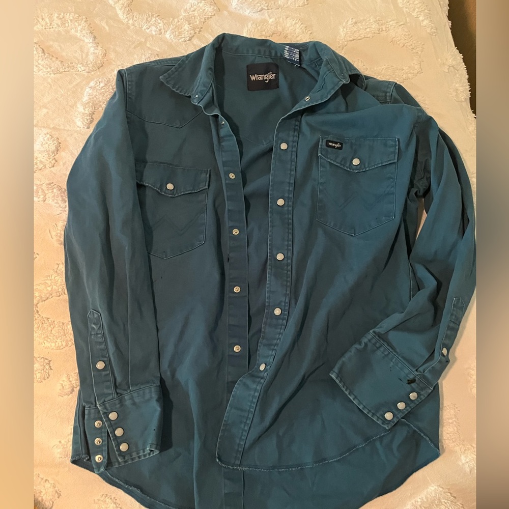 Teal wrangler work shirt, used condition, a few ink stains